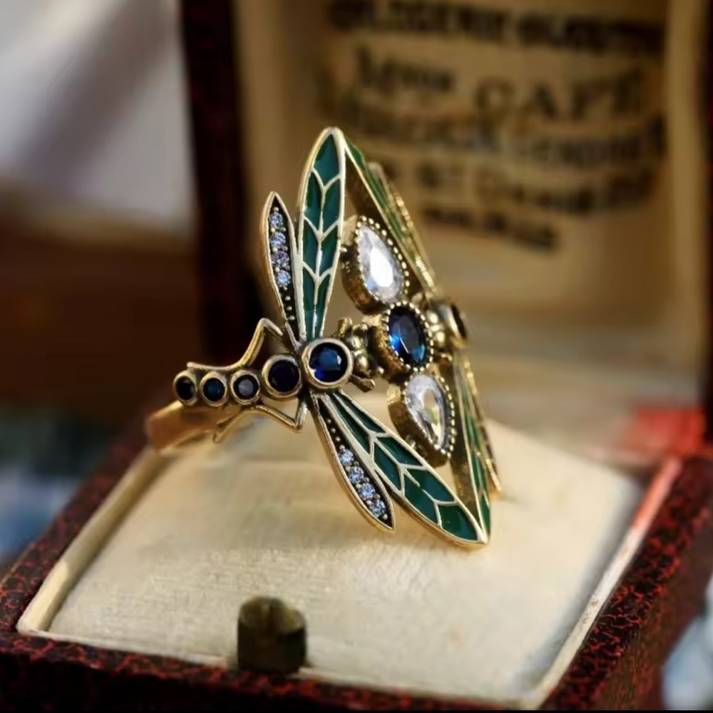 Vintage Enamel Art Deco Ring – Blue Crystal Gold Statement Jewelry - Picture 10 of 11